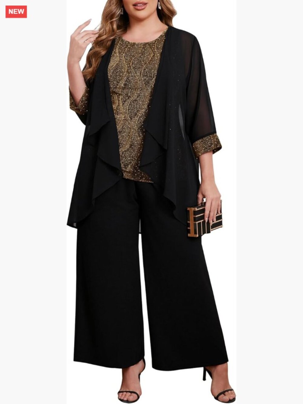 Plus Size 3 Piece Formal Pant Suit Sparkly Chiffon Jacket Set Wedding Outfit